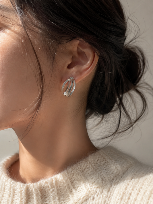 Moon Tide Pearl Earrings-light weight Sterling Silver Pearl Studs